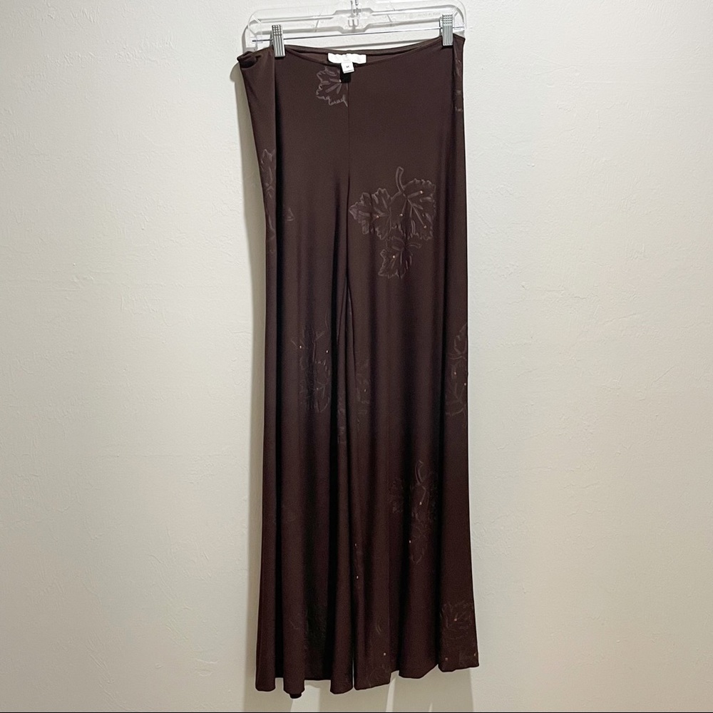JANINE DRAY Women’s Brown Liquid Stretch Fall Leaves Sequin Wide Legs Pants